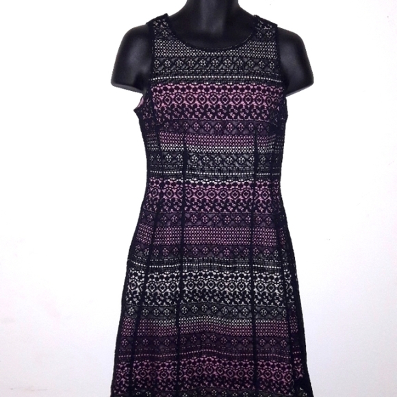 𝅺Fitted Black Lace Dress w/ Pink and White Underlay, Size 8 - Picture 3 of 7